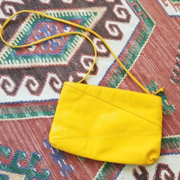 Vintage Yellow Leather Shoulder Bag Clutch Purse - Picture 2 of 8